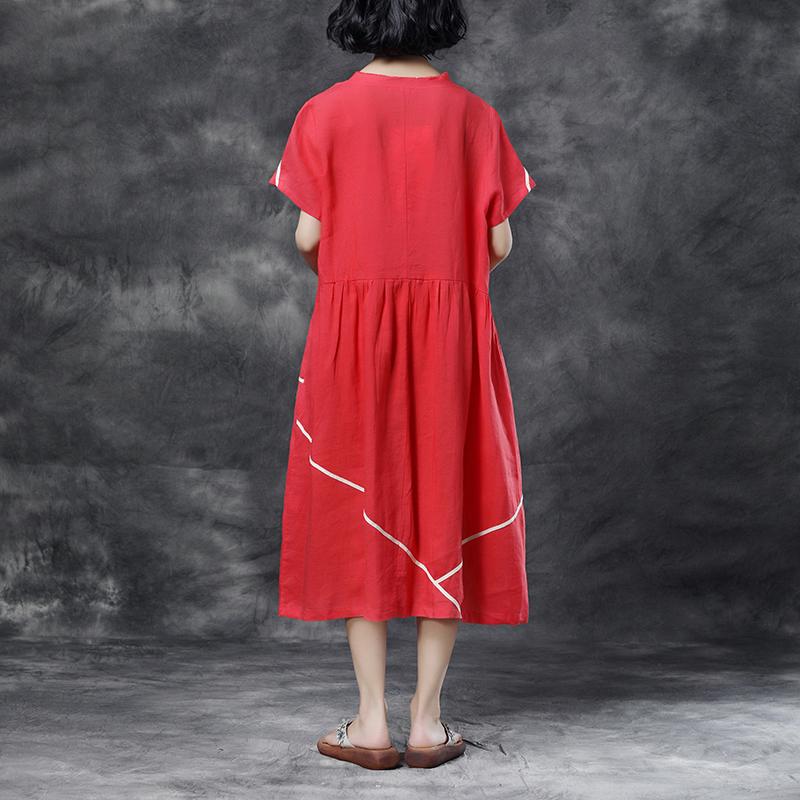 Summer Short Sleeve Pockets Red Casual Cotton Dress