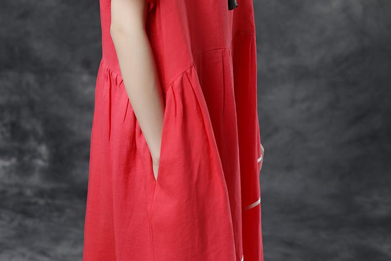 Summer Short Sleeve Pockets Red Casual Cotton Dress