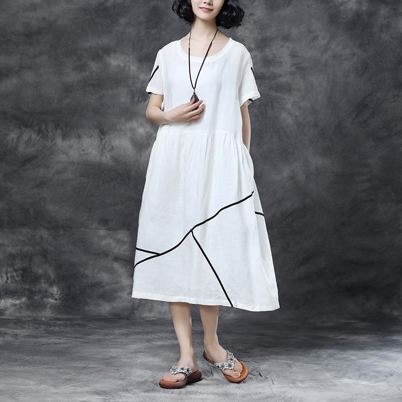 Summer Short Sleeve Pockets White Pockets Casual Cotton Dress