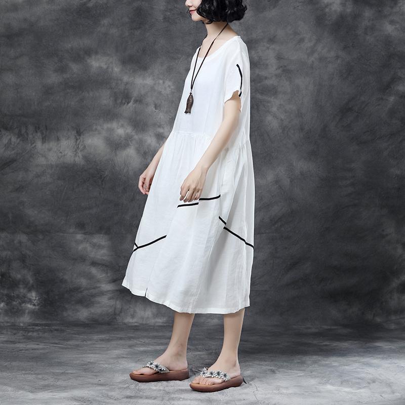 Summer Short Sleeve Pockets White Pockets Casual Cotton Dress