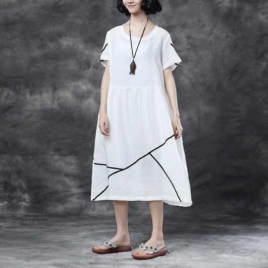Summer Short Sleeve Pockets White Pockets Casual Cotton Dress