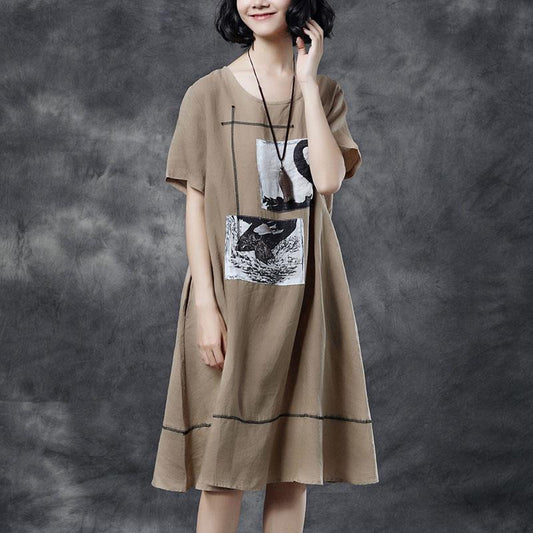Summer Short Sleeve Pockets Casual Khaki Dress