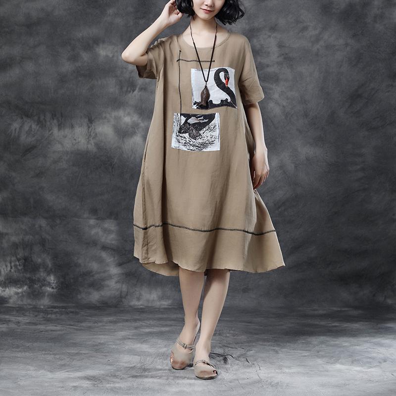 Summer Short Sleeve Pockets Casual Khaki Dress