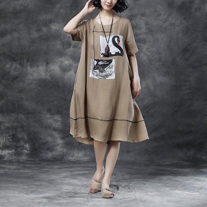 Summer Short Sleeve Pockets Casual Khaki Dress