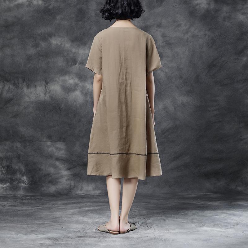 Summer Short Sleeve Pockets Casual Khaki Dress