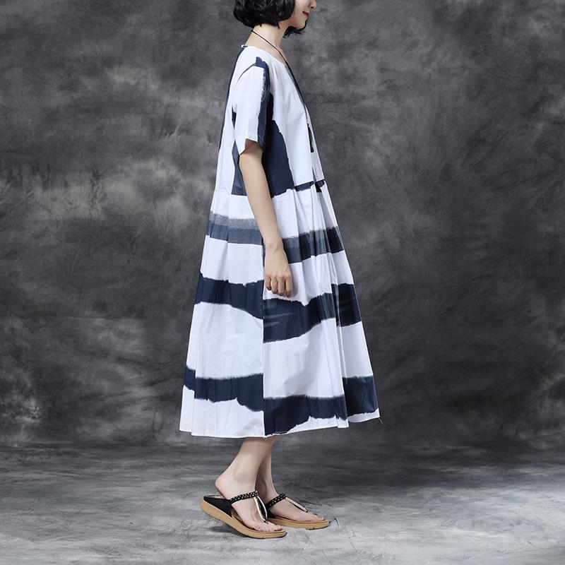 Summer Short Sleeve Stripe Pockets Round Neck pleated Dress