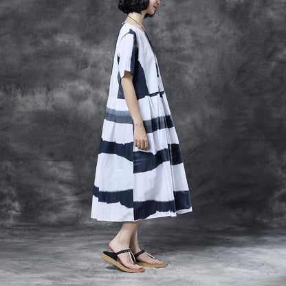 Summer Short Sleeve Stripe Pockets Round Neck pleated Dress