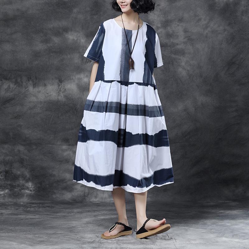 Summer Short Sleeve Stripe Pockets Round Neck pleated Dress