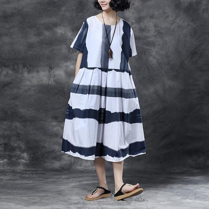Summer Short Sleeve Stripe Pockets Round Neck pleated Dress
