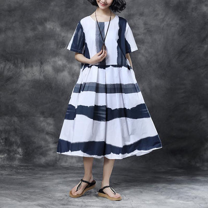 Summer Short Sleeve Stripe Pockets Round Neck pleated Dress