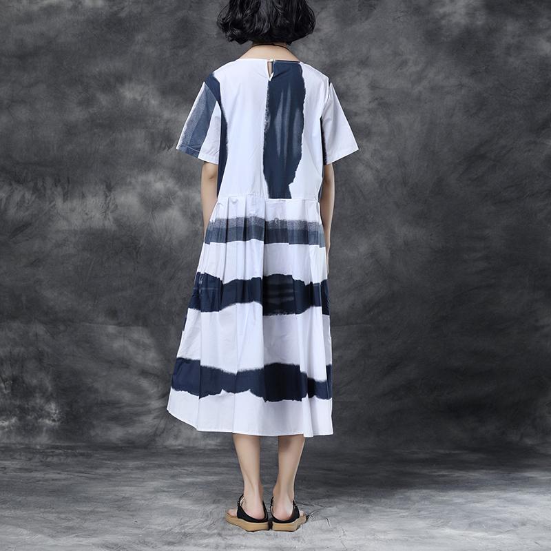 Summer Short Sleeve Stripe Pockets Round Neck pleated Dress