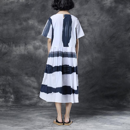 Summer Short Sleeve Stripe Pockets Round Neck pleated Dress