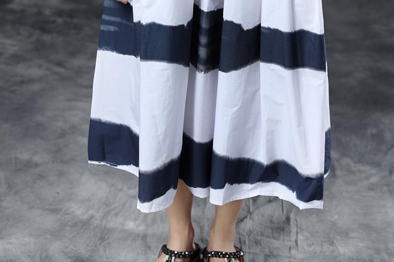 Summer Short Sleeve Stripe Pockets Round Neck pleated Dress