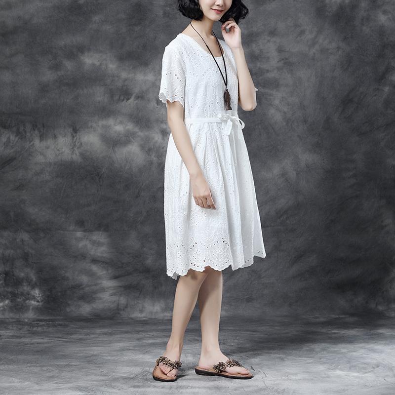 Summer Short Sleeve Lacing Pleated White Casual Dress