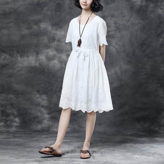 Summer Short Sleeve Lacing Pleated White Casual Dress