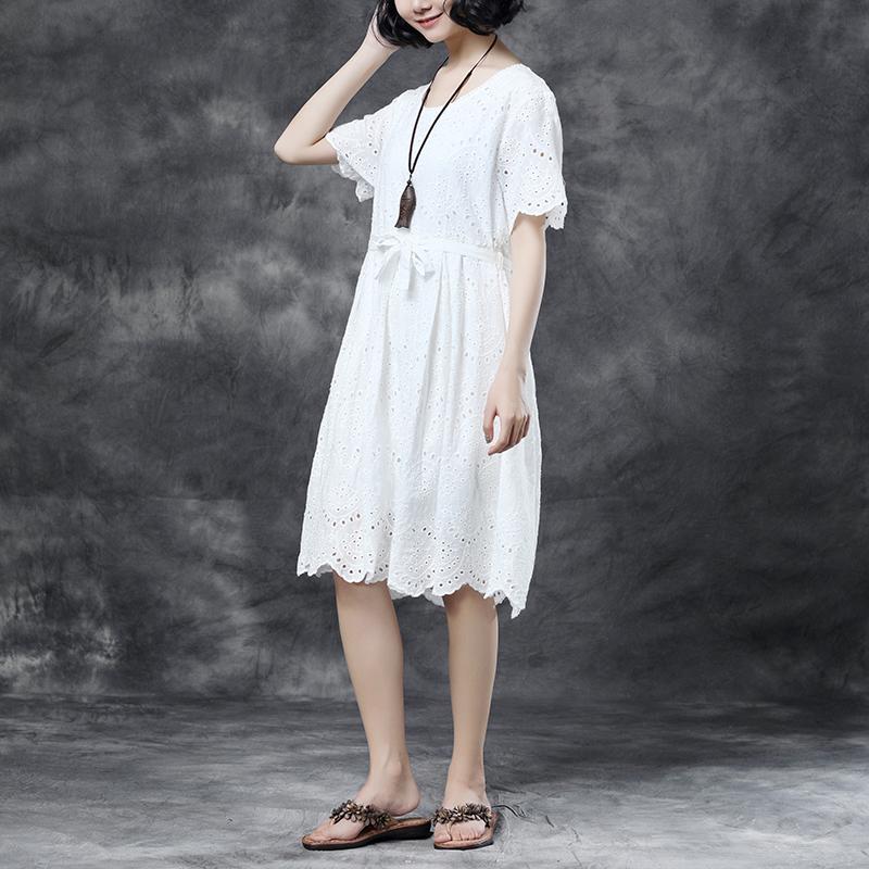 Summer Short Sleeve Lacing Pleated White Casual Dress