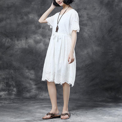 Summer Short Sleeve Lacing Pleated White Casual Dress