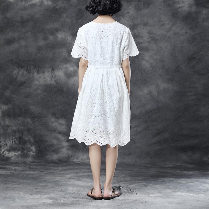 Summer Short Sleeve Lacing Pleated White Casual Dress