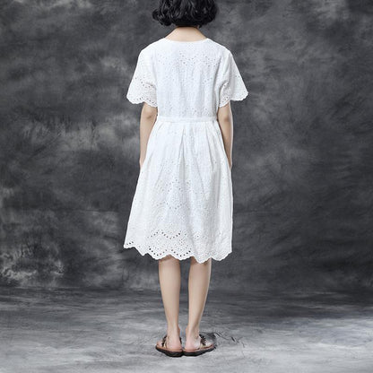 Summer Short Sleeve Lacing Pleated White Casual Dress