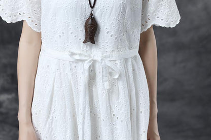 Summer Short Sleeve Lacing Pleated White Casual Dress
