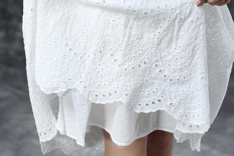 Summer Short Sleeve Lacing Pleated White Casual Dress