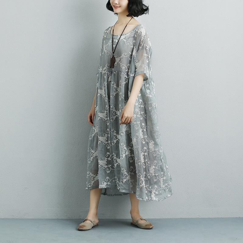 Women Silk Loose Casual Gray Green Short Sleeve Dress