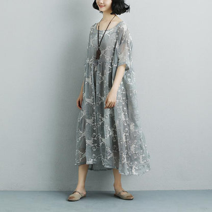 Women Silk Loose Casual Gray Green Short Sleeve Dress