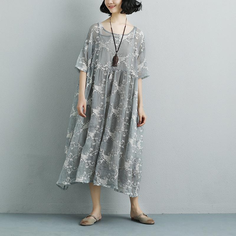 Women Silk Loose Casual Gray Green Short Sleeve Dress