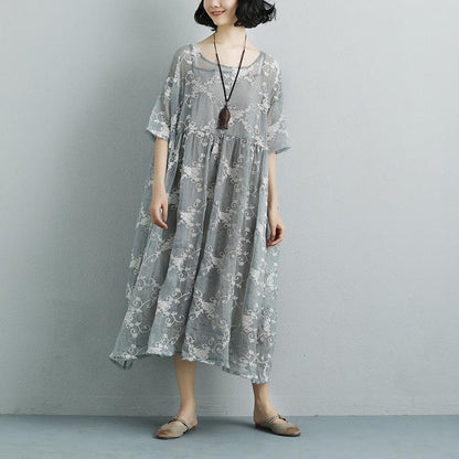 Women Silk Loose Casual Gray Green Short Sleeve Dress