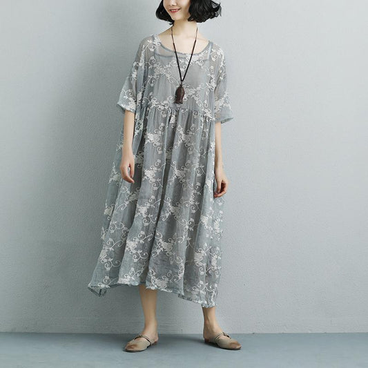 Women Silk Loose Casual Gray Green Short Sleeve Dress