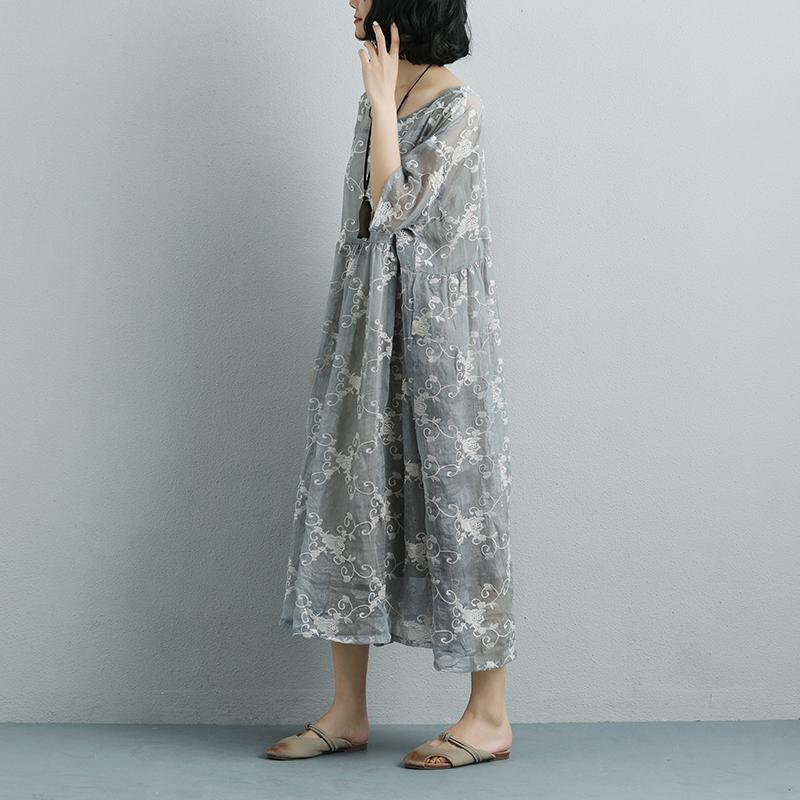 Women Silk Loose Casual Gray Green Short Sleeve Dress