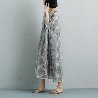 Women Silk Loose Casual Gray Green Short Sleeve Dress