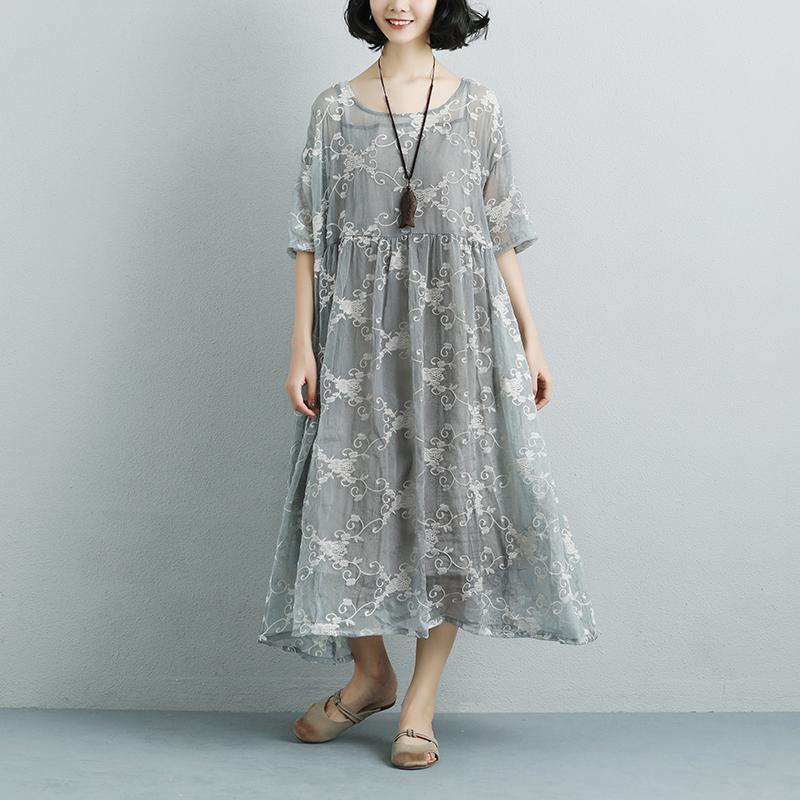 Women Silk Loose Casual Gray Green Short Sleeve Dress