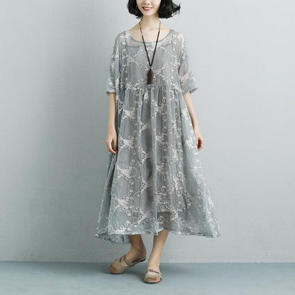 Women Silk Loose Casual Gray Green Short Sleeve Dress