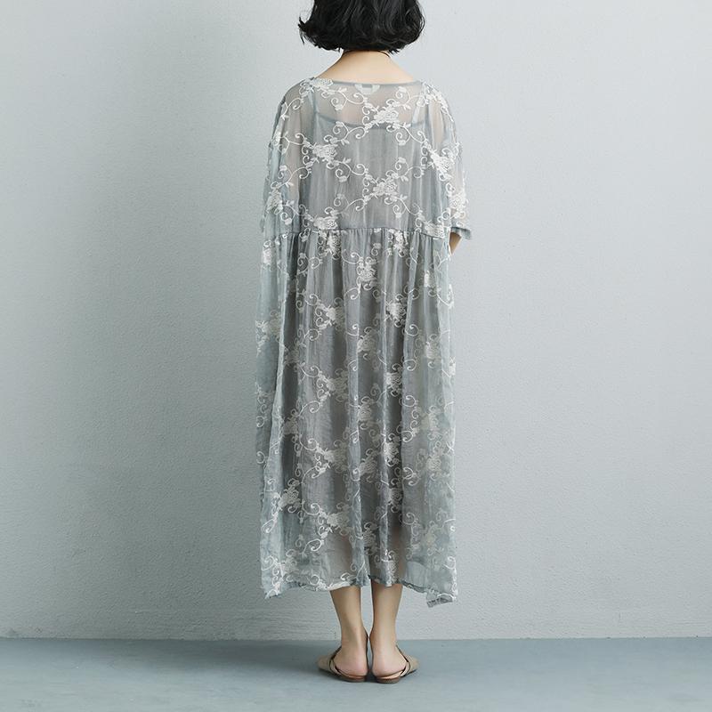 Women Silk Loose Casual Gray Green Short Sleeve Dress