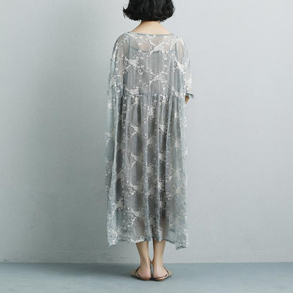 Women Silk Loose Casual Gray Green Short Sleeve Dress