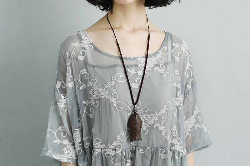 Women Silk Loose Casual Gray Green Short Sleeve Dress