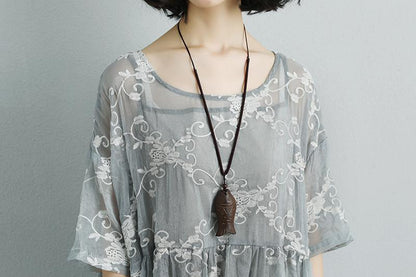 Women Silk Loose Casual Gray Green Short Sleeve Dress