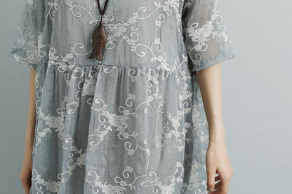Women Silk Loose Casual Gray Green Short Sleeve Dress