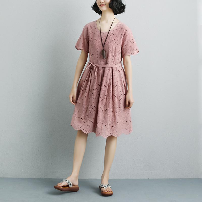 Summer Short Sleeve Lacing Pleated Pink Casual Dress