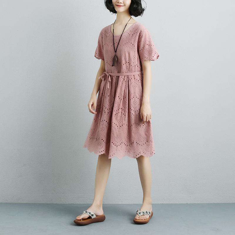 Summer Short Sleeve Lacing Pleated Pink Casual Dress