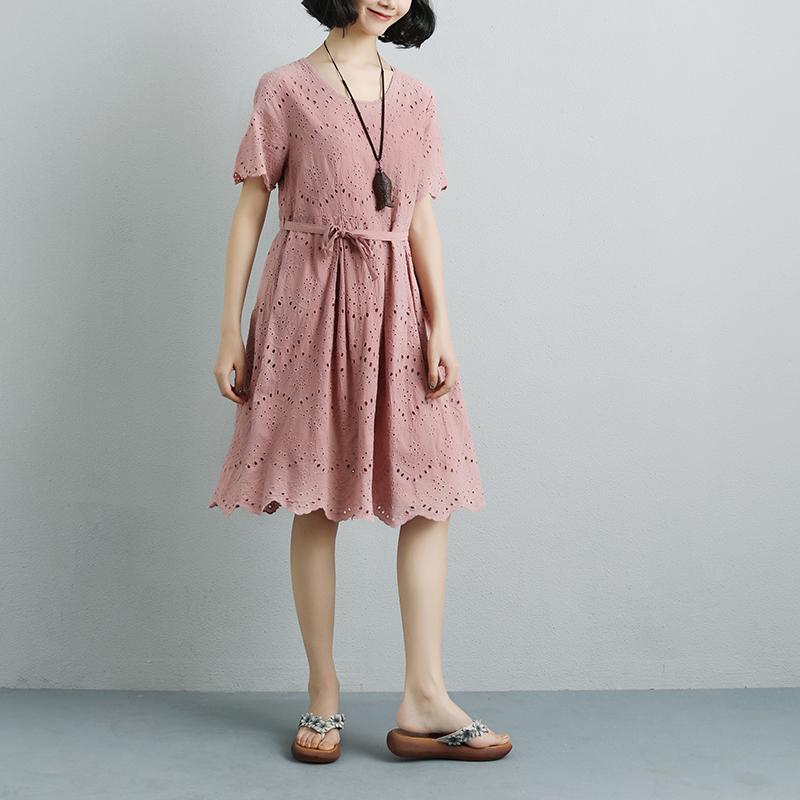 Summer Short Sleeve Lacing Pleated Pink Casual Dress