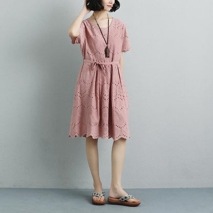 Summer Short Sleeve Lacing Pleated Pink Casual Dress