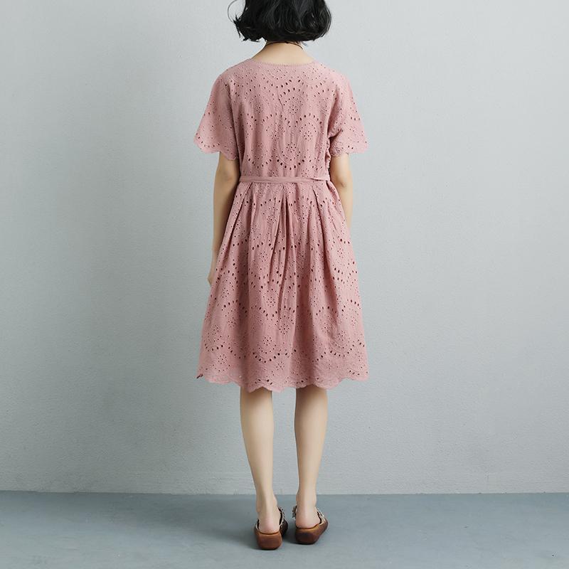 Summer Short Sleeve Lacing Pleated Pink Casual Dress