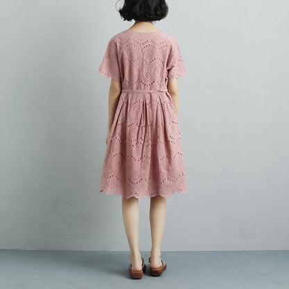 Summer Short Sleeve Lacing Pleated Pink Casual Dress