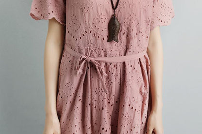 Summer Short Sleeve Lacing Pleated Pink Casual Dress