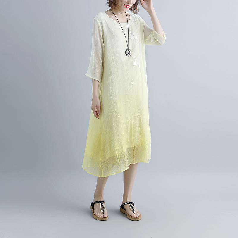 Summer Fake Two-piece Pockets Retro Yellow Dress