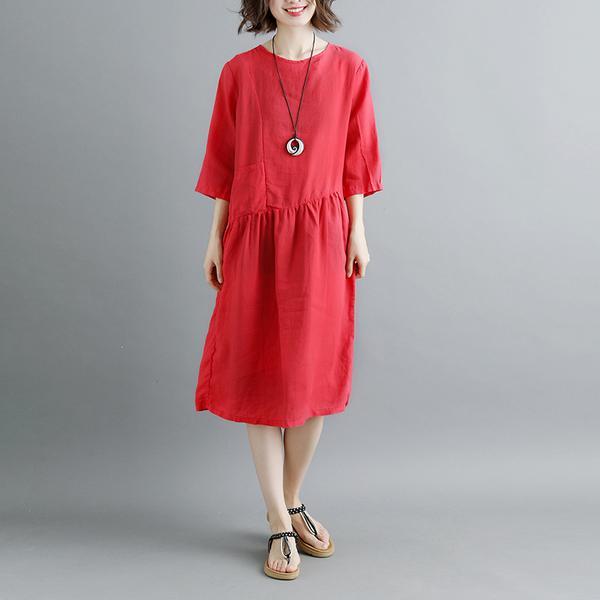 Summer Short Sleeve Pockets Pleated Women Dress