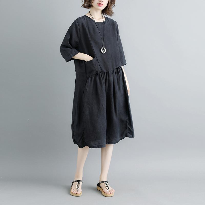 Summer Short Sleeve Pockets Pleated Women Dress