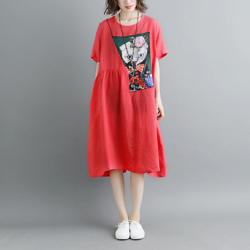 Summer Short Sleeve Red Pockets Dress